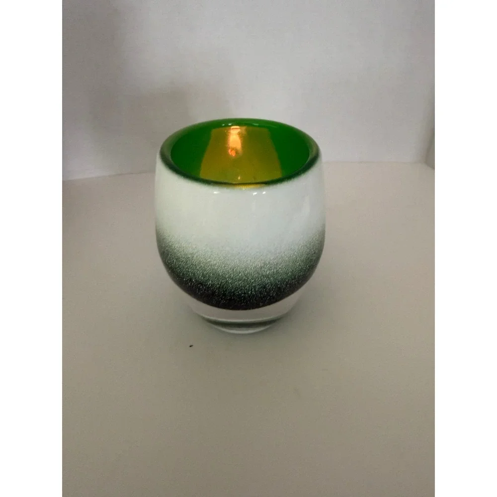 Hand Blown Art Glass Votive Candle Holder Green White Ombre Frosted Cased Glass